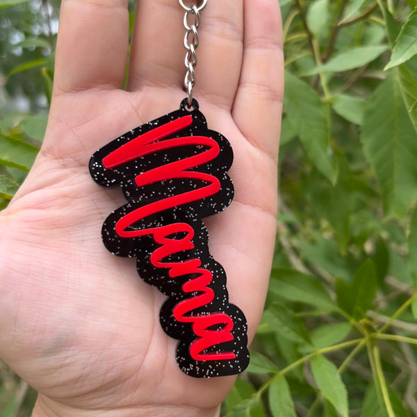 Red and Black Glitter Script Acrylic Keychain