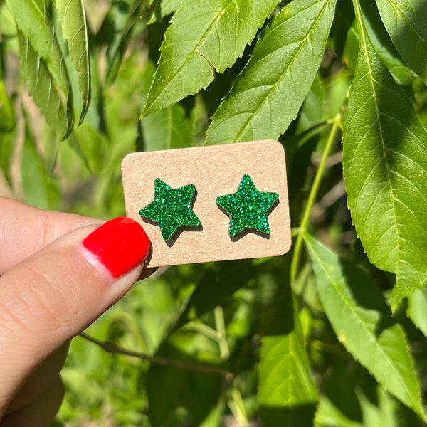 Green Glitter Star Stud Earrings