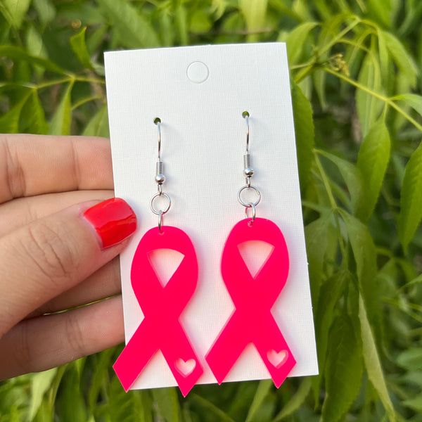 Breast Cancer With Heart Dangle Earrings