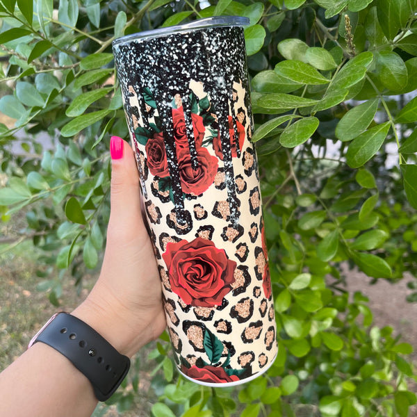 Red Roses Leopard Black Glitter 20oz Tumbler