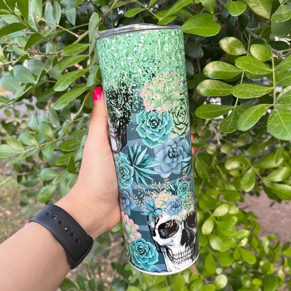 Plant Skull Succulent Green Glitter 20oz Tumbler