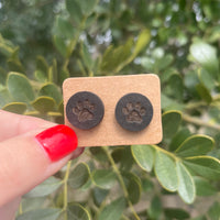 Paw Print Circle Wood Stud Earrings