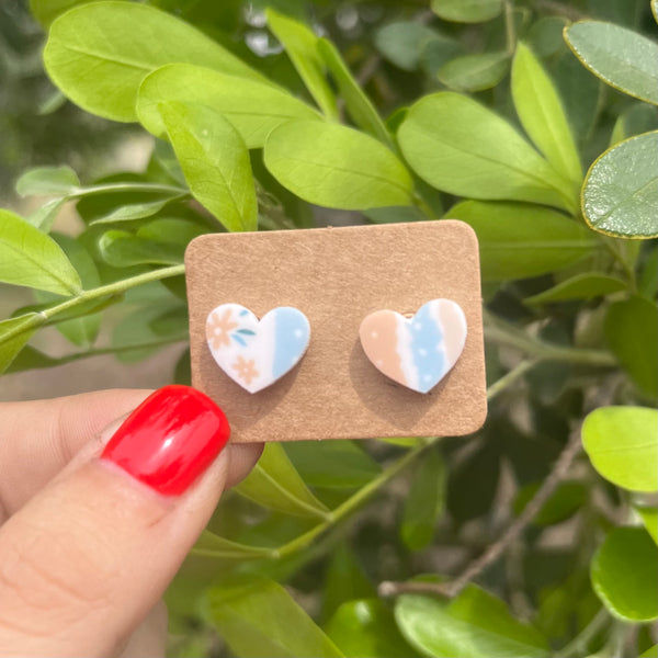 Boho Floral Striped Medium Heart Stud Earrings