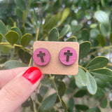 Cross Circle Wood Stud Earrings