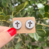 Cross Circle Wood Stud Earrings