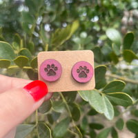 Paw Print Circle Wood Stud Earrings